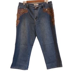 MISHCA HIGH WAISTED EMBELLISHED CROPPED DENIM JEANS BLUE BROWN PLUS SIZE 14
